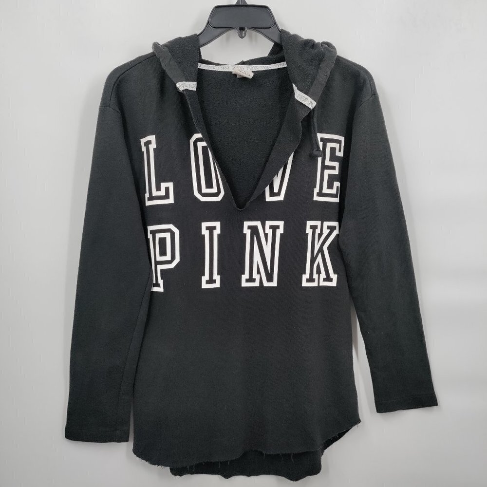 Victoria's Secret Love Pink Oversized Curved Raw Hem Hoodie Sweater XS Black
